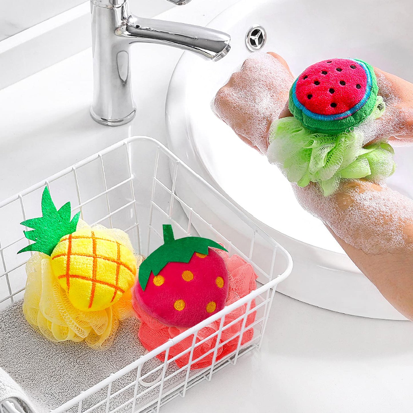 Rocutus 4pcs Child Bath Shower Sponge Pouf Loofahs Mesh Brush Shower Ball Cute Bath Flower with Hooks for Travel (Mixed 4)