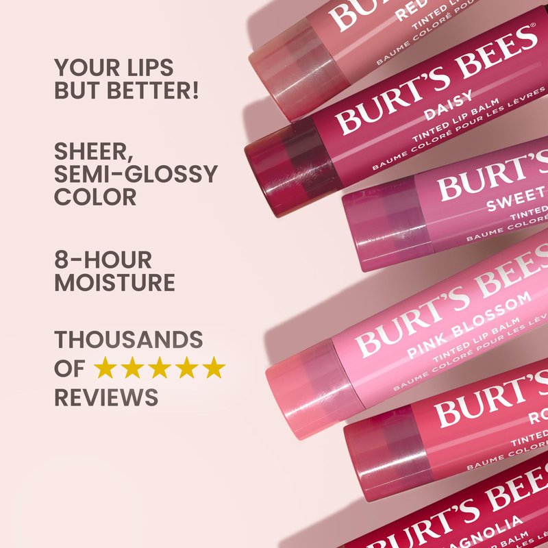 Burt's Bees Lip Tint Balm with Long Lasting 2 in 1 Duo Tinted Balm Formula,Color Infused with Deeply Hydrating Shea Butter for a Natural Looking Buildable Finish,Petal Rose,2 Count (Pack of 8)