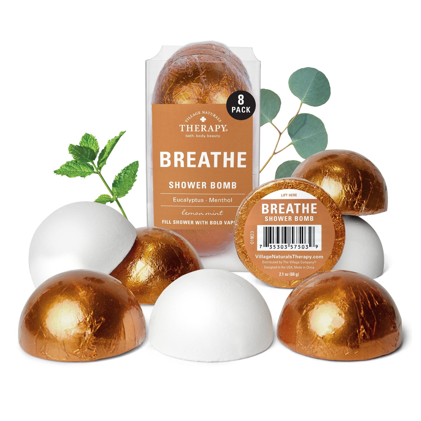 Village Naturals Therapy Breathe Shower Bomb Steamers, Soothing Scent, Eucalyptus and Menthol, 60 g, Pack of 8