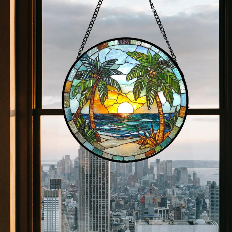 GEFOS Stained Glass Window Hanging Sea Beach Coconut Trees Sunrise 9.8" - Suncatcher Door Garden Sunroom Sun Catcher Home Decor Birthday Christmas for Mom Men Woman Nana