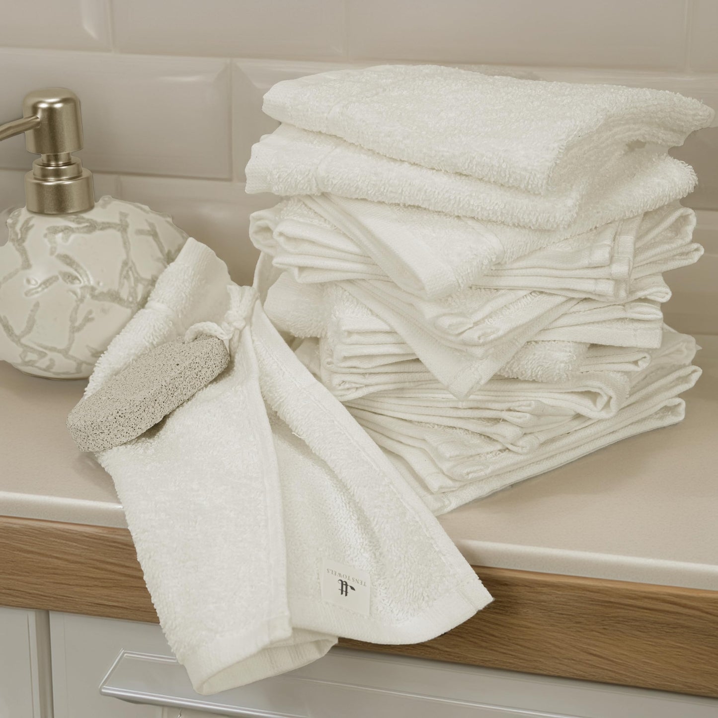 Tens Towels Pack of 60 Washcloths, 12 x 12 Inches, Lighter Weight, Quick to Dry, Super Soft & Absorbent, Gentle Face Towels, Hotel Quality, Perfect for Bathroom, Gym, Spa (Ivory, 60 Pack)