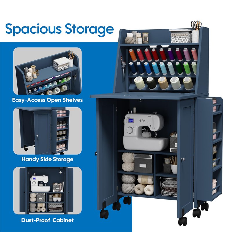 Foldable Sewing Cabinet with Power Outlet, Rolling Sewing Table with Storage and Lockable Wheels, Portable Folding Craft Table with Side Thread & Tool Storage for Quilting & Home Sewing (Blue)
