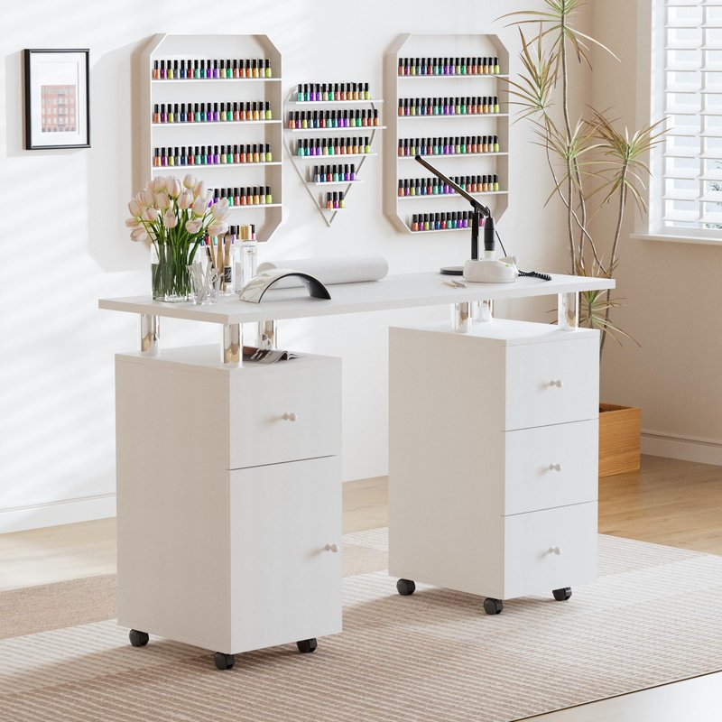 Lavoker 47 Inch Manicure Table Nail Station Desk for Nail Tech with Drawers/Wrist Pad/Lockable Wheels Salon Spa Beauty Bar Technician, White
