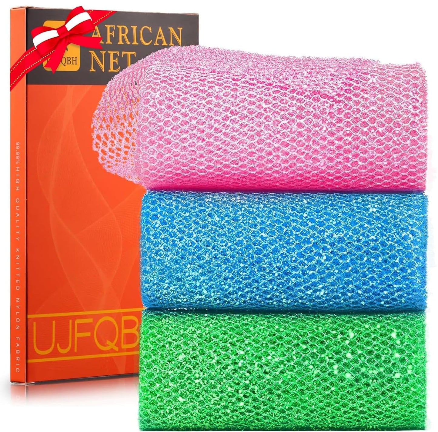 UJFQBH 3 Piece Bright Style African exfoliating net Exfoliating Shower Set Long Bath Sponges for Smooth, Refreshed Skin, The Exterior Gleams - Ideal for Daily Use (Bright Pink, Blue, Green)
