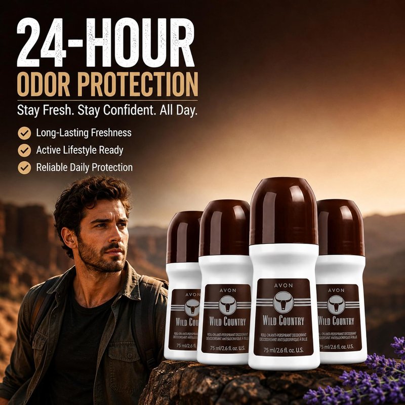 AVON Wild Country Roll-On Antiperspirant Deodorant for Men - 24-Hour Odor Protection, Quick-Dry Formula | Pack of 4, 2.6 oz