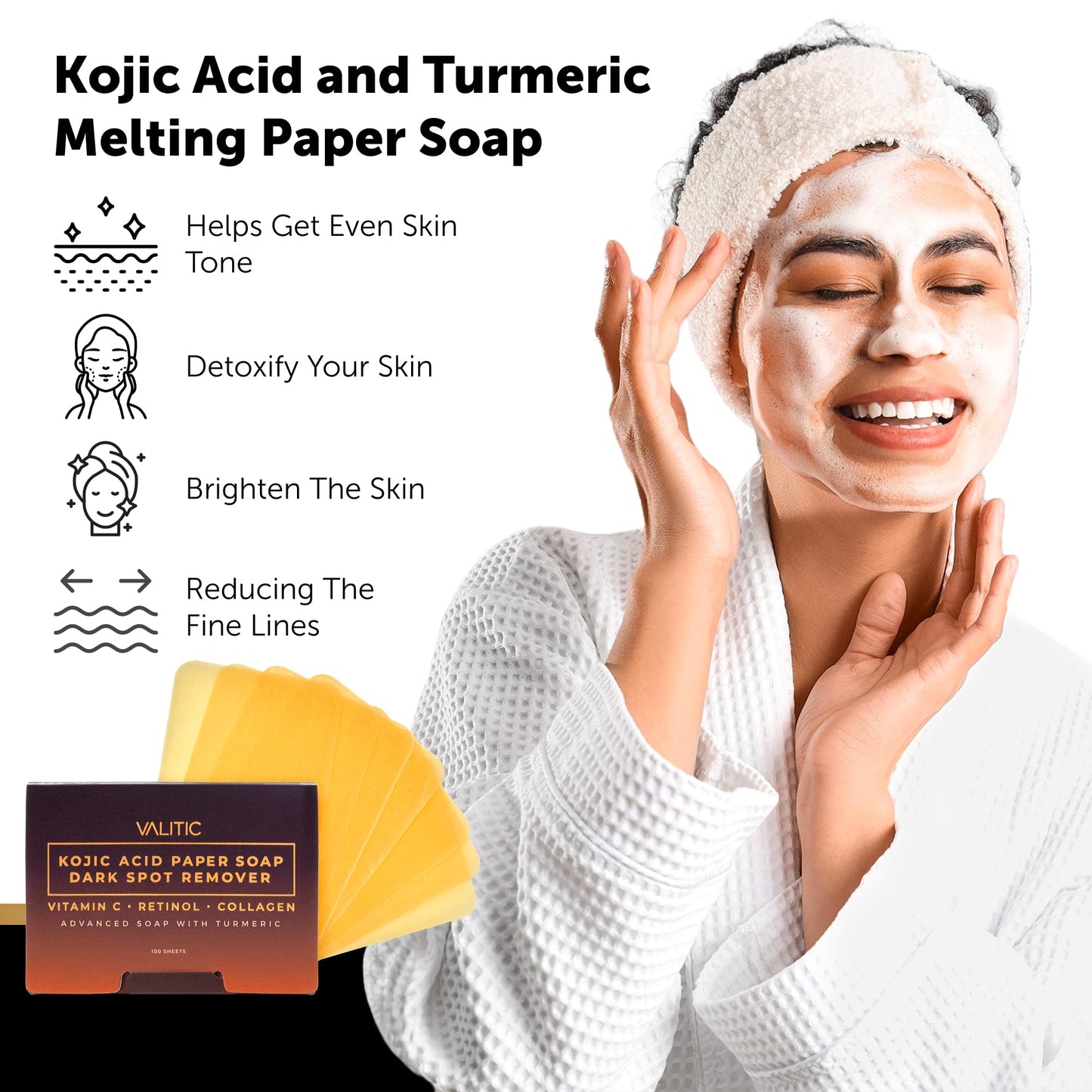 VALITIC Turmeric Kojic Acid Cleansing Soap Melting Sheets - Dark Spot Corrector Paper Soap - 100 Travel Size Facial Exfoliating Sheets With Vitamin C, Retinol, Collagen - 3 Pack