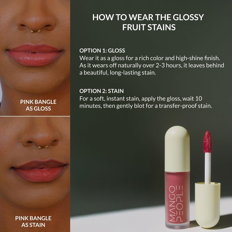Mango People Hydrating Glossy Fruit Lip Stain, 2-in-1 Gloss to Long Lasting Stain, Tint & Oil Stain, Lightweight Lip Makeup with High-Shine Finish for Soft, Smooth and Nourished Lips, Pink Bangle