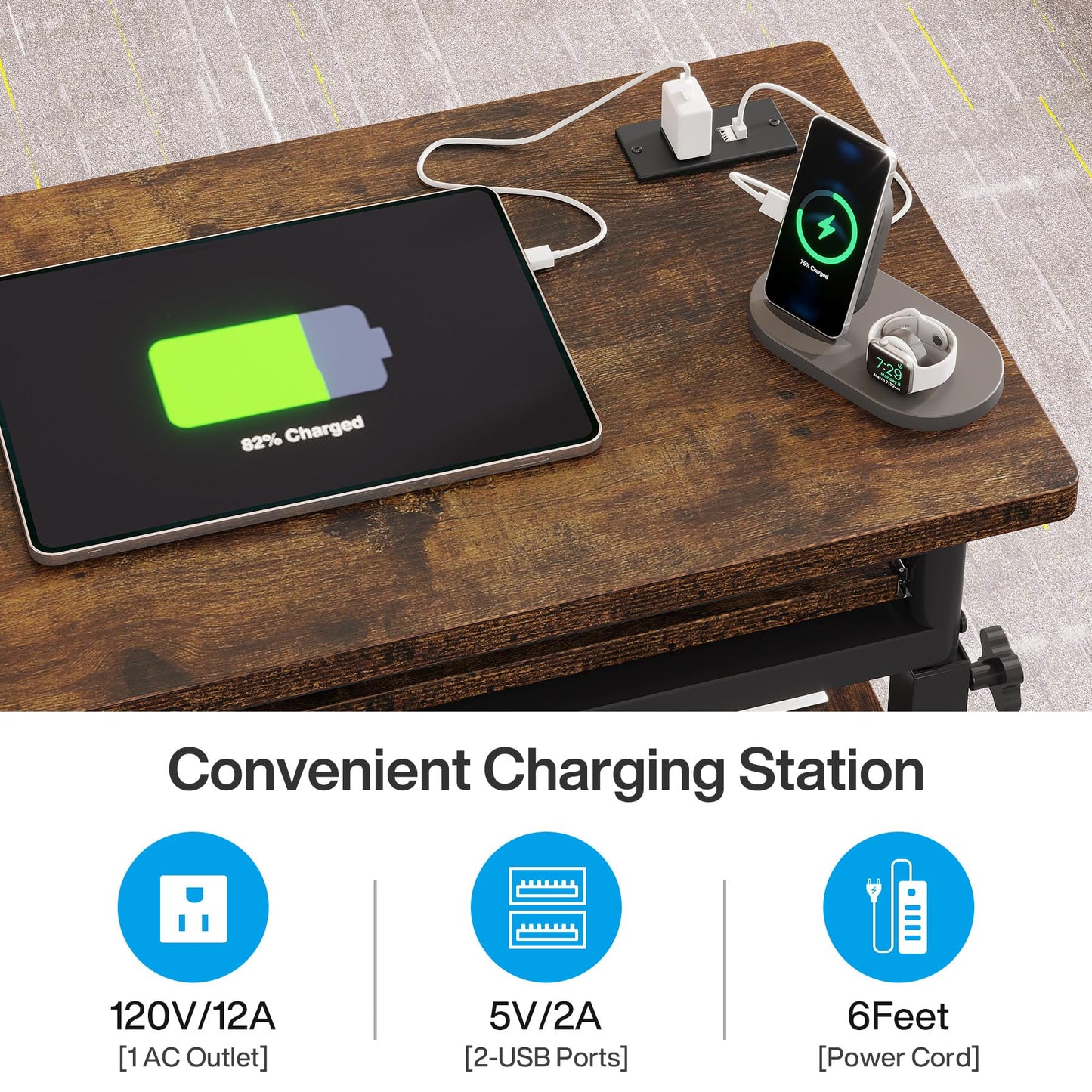Tribesigns Small Portable Desk with Power Outlet, Height Adjustable Sofa Couch Bedside Laptop Table with Wheels, Mobile Standing Desk Rolling Computer Cart C Side Table with USB Ports