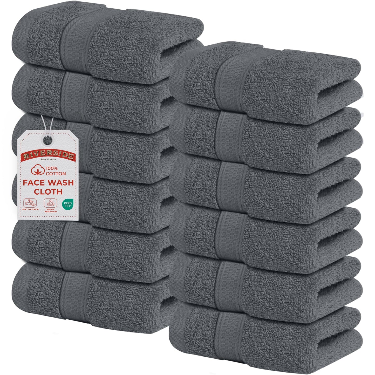 RIVERSIDE 12-Pack Premium 100% Cotton Gray Face Towels for Bathroom [12x12] - Reusable Luxury Face Wash Cloths for Showering - 550 GSM Super Soft & Absorbent Washcloths for Body, Spa & Gym