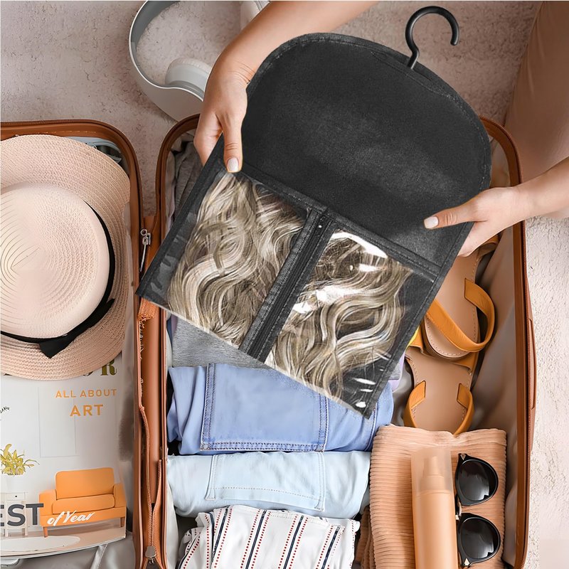 3PCS Hair Extension Holder Wig Storage Bags with Hanger Wig Holder for Multiple Wigs Hanger Dust-proof Storage Organizer with Hook Hair Extensions, wigs & accessories (Black)