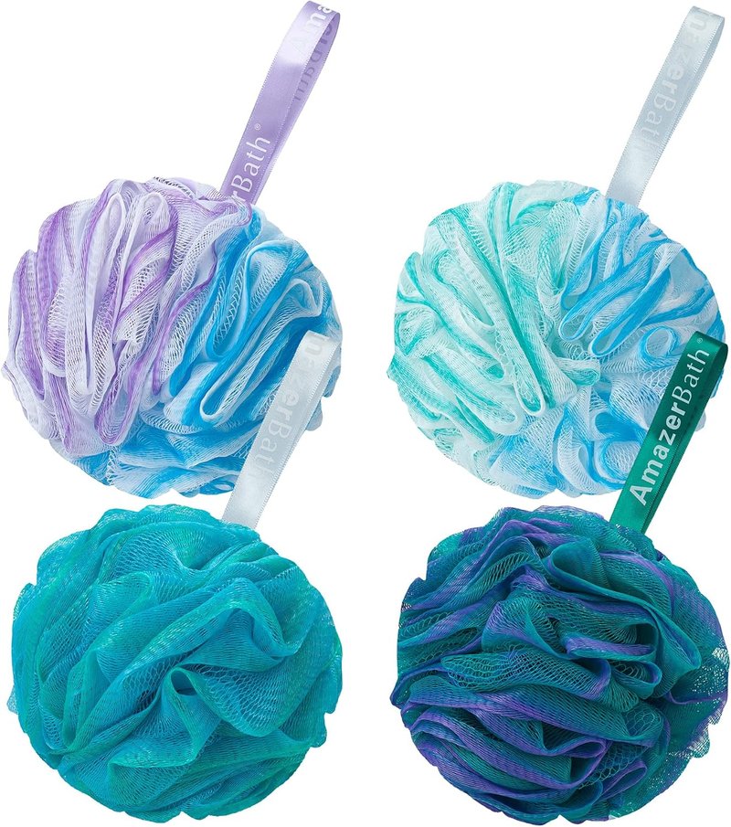 Loofah Sponge Set of 4 - Exfoliating Bath Scrubber | Large Flower Colors (Green-Purple)