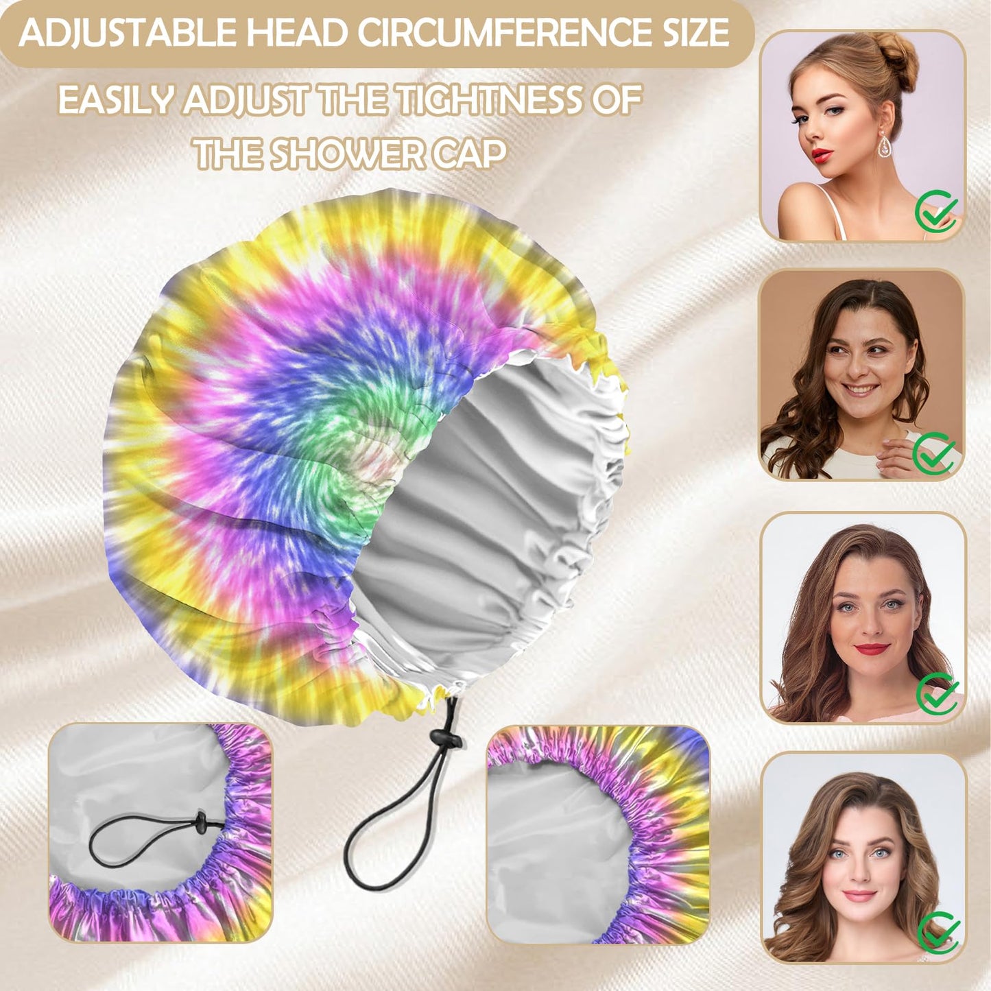 Zewurtuw 2 PCS Shower Cap Adjustable Reusable Double Waterproof Layer Elastic Hair Bath Cap Cute Aesthetic for Women Girls-Multicolour