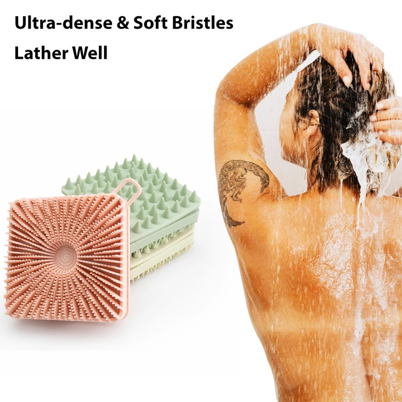 2 PC Silicone Exfoliating Body Scrubber, Silicone Body Shampoo Brush, Soft Silicone Loofah for Sensitive Skin, Shower Silicone Hair Scalp Massager, Easy to Clean, Lather Well(Black&Green)