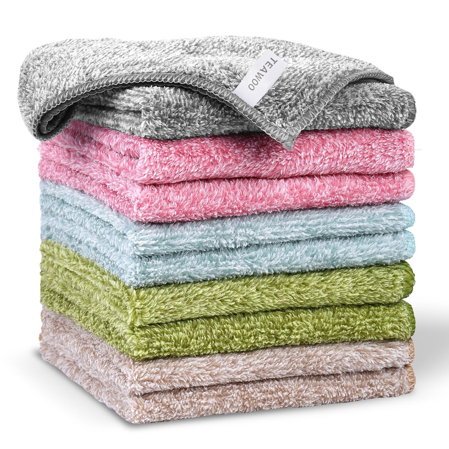 TEAWOO 10 Pack Premium Washcloths, Highly Absorbent and Super Soft Face Towels, Multi-Purpose Fingertip Towels, 12 x 12 inch Bathroom Towels (Charcoal/Coral Pink/Cyan/Jade Green/Coffee Beige)