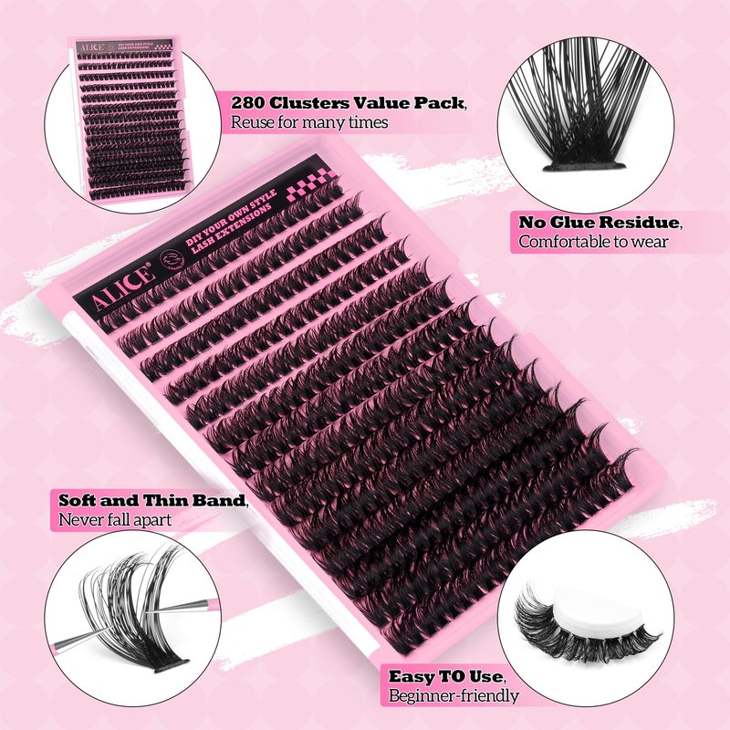 280Pcs Wispy Individual Lashes DIY Eyelash Extensions 8-16MM D-Curly Lash Extensions Lash Clusters 80D Cluster Eyelashes DIY at Home by ALICE