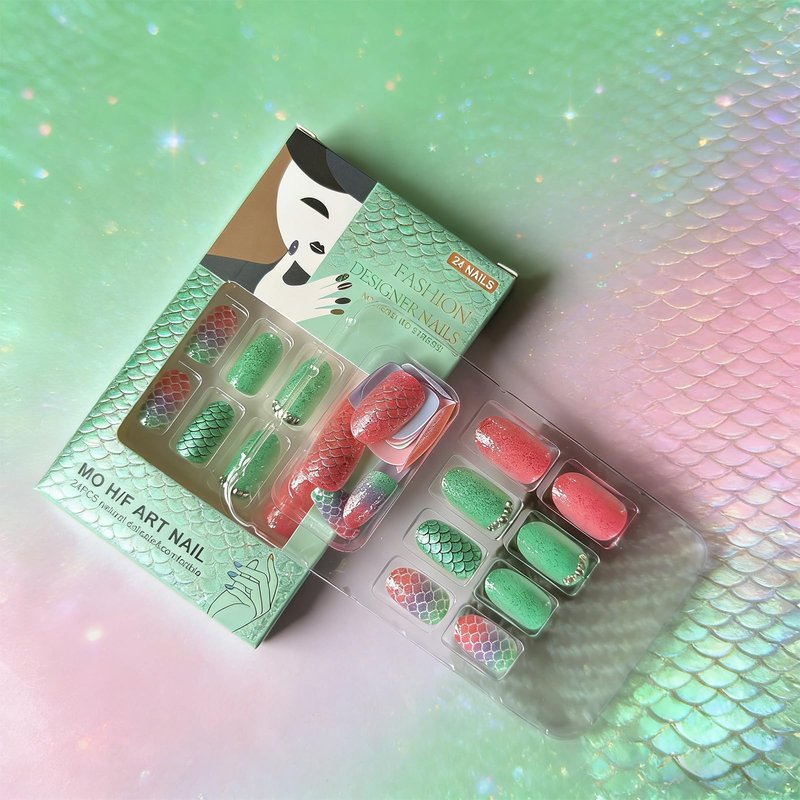 Mermaid Press on Nails Short Oval Fake Nails with Gradient Glitter Rhinestone Designs Ocean Press on False Nails Colorful Acrylic Nail Full Cover Artificial Stick on Nail for Women 24Pcs