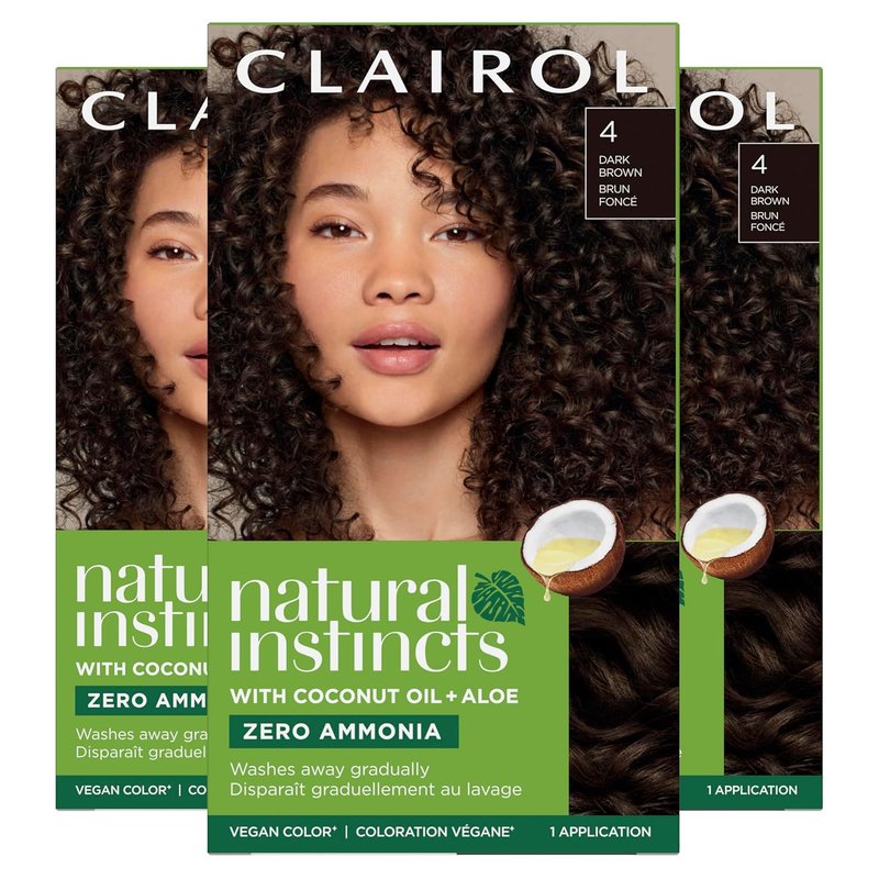 Clairol Natural Instincts Demi-Permanent Hair Dye - 4 Dark Brown | Ammonia-Free, Vegan Formula with Coconut Oil & Aloe Vera | Set of 3