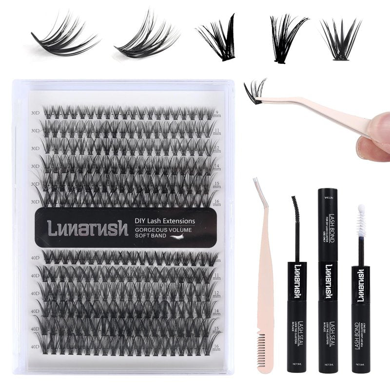 Lunarush Lash Extension Kit DIY 240pcs Lash Clusters Eyelash Extension Kit, 9-16mm 30D 40D Individual Lashes Kit,Lashes Lash Bond and Seal Tweezers(30D 40D KIT)