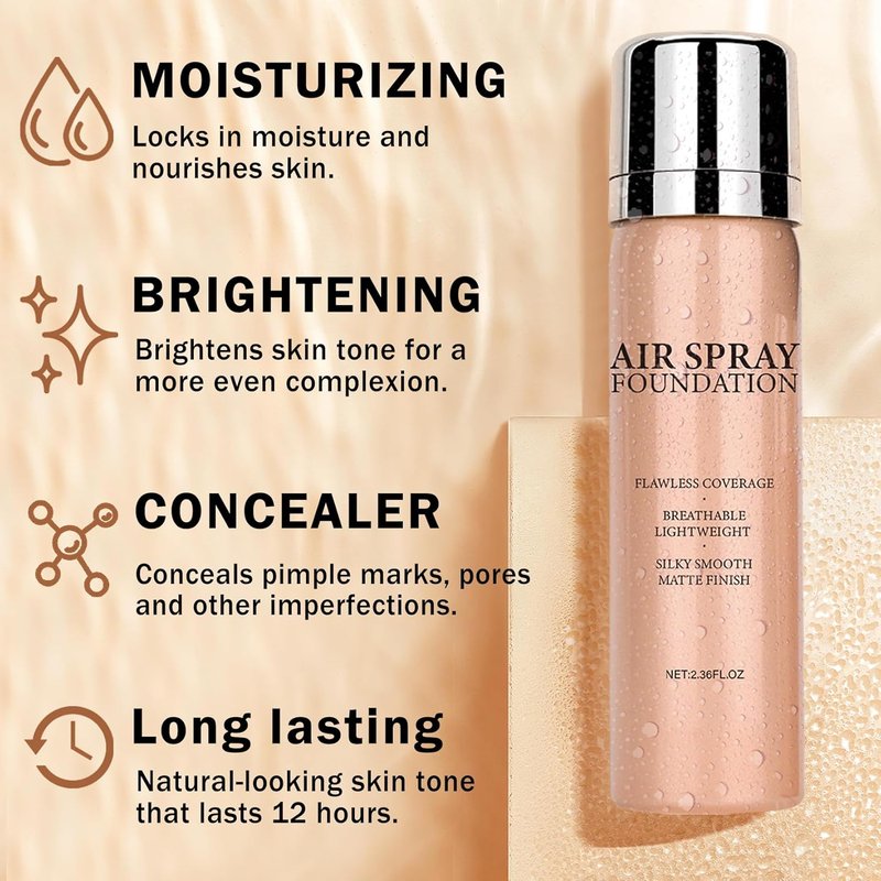 Airbrush Foundation Makeup Spray - Full Coverage for Mature Skin | Long-Lasting & Waterproof, Natural Warm Porcelain