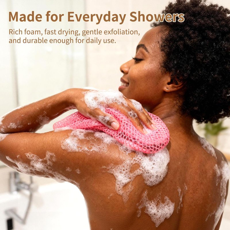Authentic African Net Sponge,Extra Rough Scrubber,Travel Sponge,Long Stretch Body&Back Scrubber up to 47 Inches,Quick-Drying Exfoliating with Zipper Pouch (Purple/Pink)