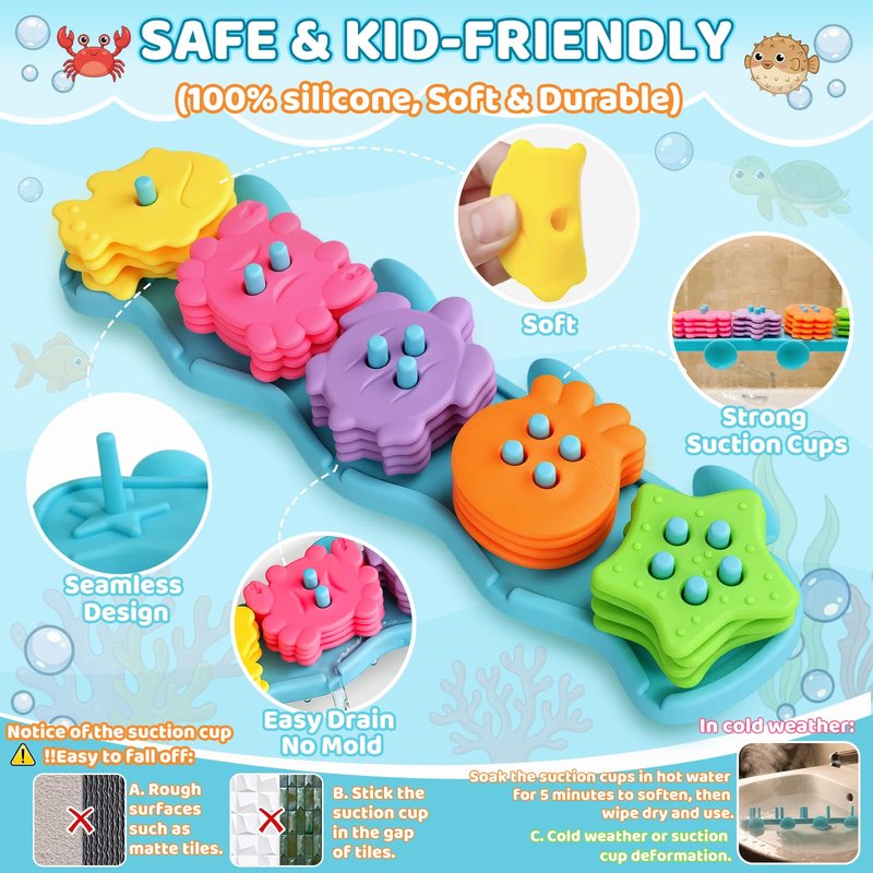 Baby Bath Toys for Kids Ages 1-3 Mold Free Bath Toys Toddlers 2-4 Silicone 21 PCS Ocean Shape Sorters for Toddlers 1-3 Stacking Bathtub Suction Water Play Toys for Toddlers 3-5 Boy Girl Early Learning