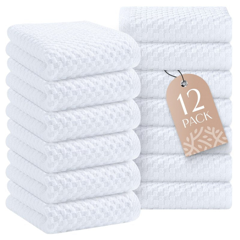 Wealuxe Super Absorbent Kitchen Towels 12 Pack - Premium 100% Cotton Kitchen Towels, 450GSM Thick Machine Washable White Dish Towels for Kitchen Drying, Cleaning, Dobby Weave, Unmatched Quality