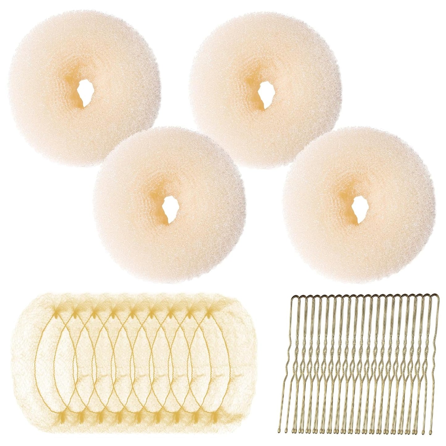 Teenitor Hair Bun Maker Kit - 4 Medium Size Donut Bun Makers with 10 Invisible Hair Nets & Bobby Pins | Beige