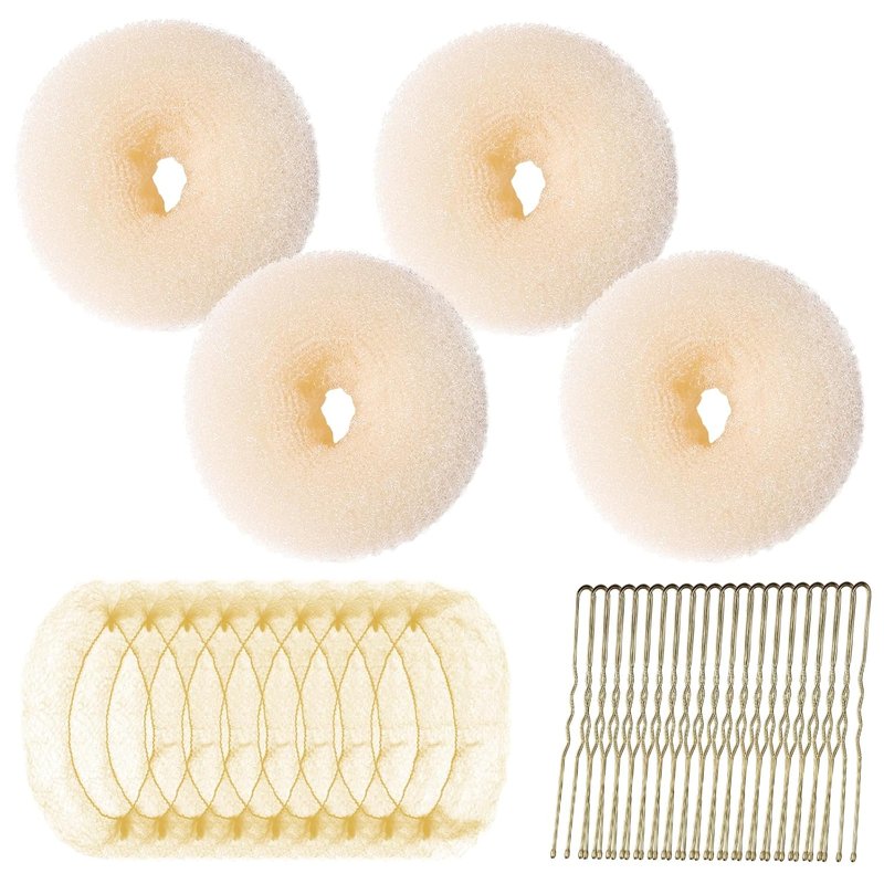 Hair Bun Maker Kit - 4 Medium Size Donut Bun Tools with 10 Invisible Hair Nets & 10 Bobby Pins | Beige