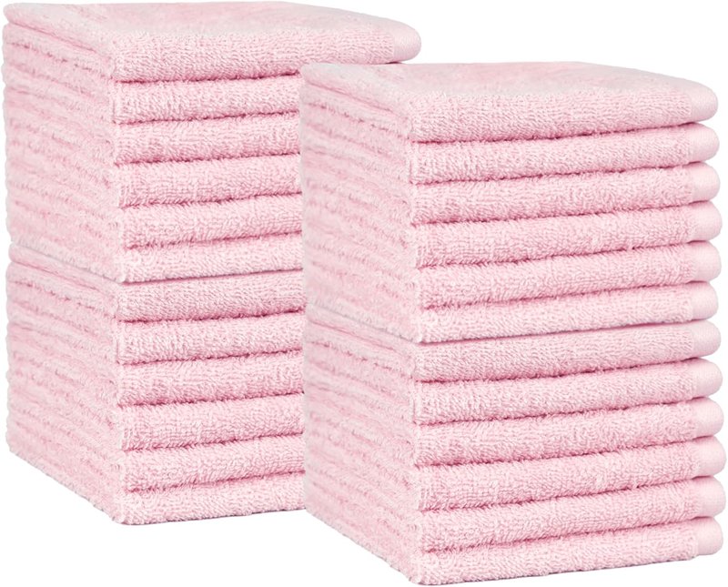 Highly Absorbent Cotton Washcloths - Fast Drying Bathroom & Face Towels | 12 x 12 Inches, Petal Pink, 24-Pack