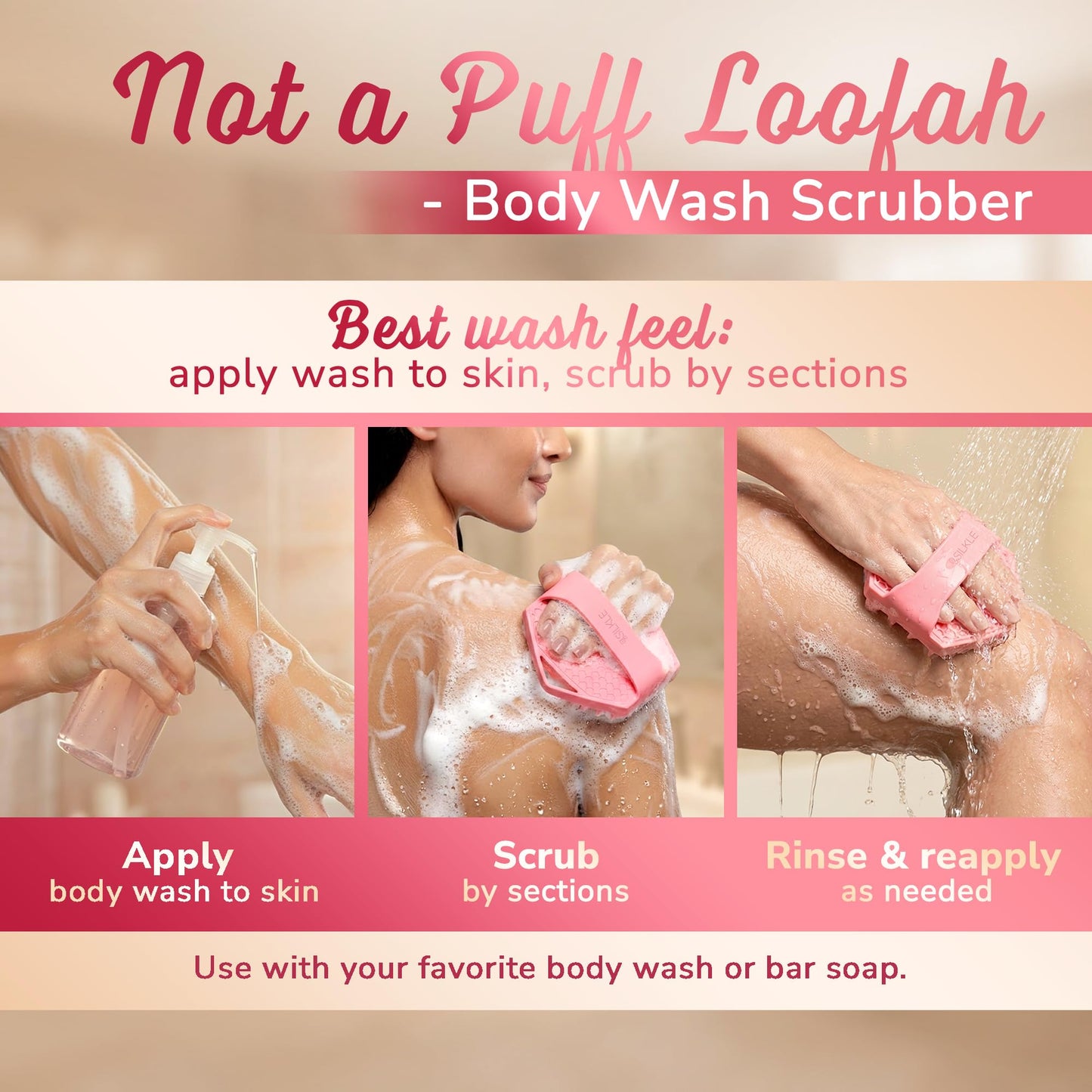 SILKLE Silicone Body Scrubber – Gentle Exfoliating Shower Scrubber for Body & Bath, Silicone Shower Brush & Loofah Alternative – Non-Slip Silicone Body Brush, Quick Dry, Hygienic - Pink