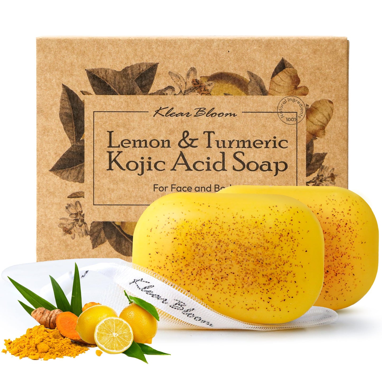 KlearBloom Lemon Turmeric Kojic Acid Soap – Exfoliating Soap with Almond Particles, Vitamin C and Extra Shea Butter, Gentle Brightening & Moisturizing for Face and Body – 105g x 2 Bars