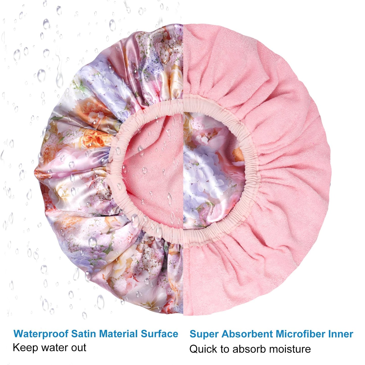Upgraded Waterproof Terry Shower Caps, Reusable Shower Cap for Women with Long Hair, Soft Absorbent Hair-Protecting Towel Lining Bath Cap, Large Leak-Proof Hair Cap with Fashionable Print Outer-Pink