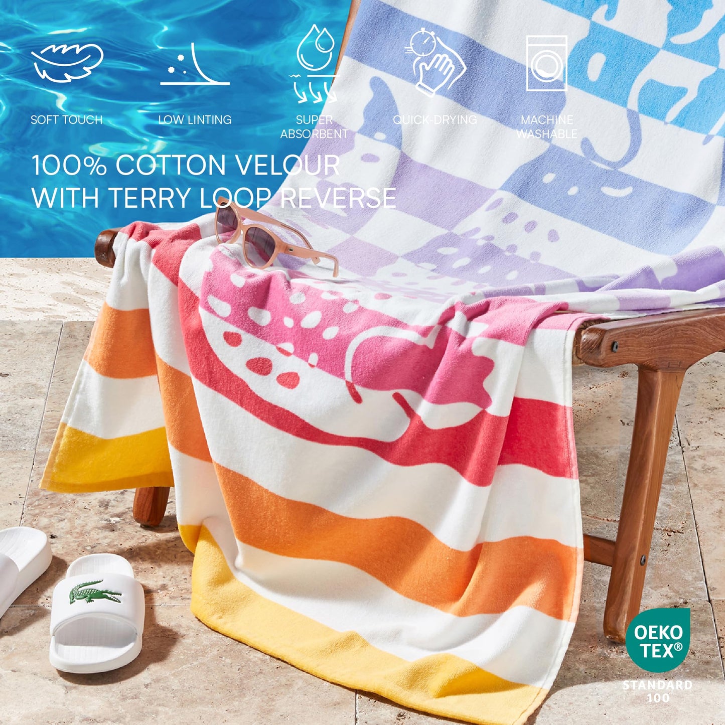 Lacoste 100% Cotton Large Beach Towel, Ultra-Absorbent & Fast-Drying, Machine Washable, Striped Croc, 36" W x 72" L