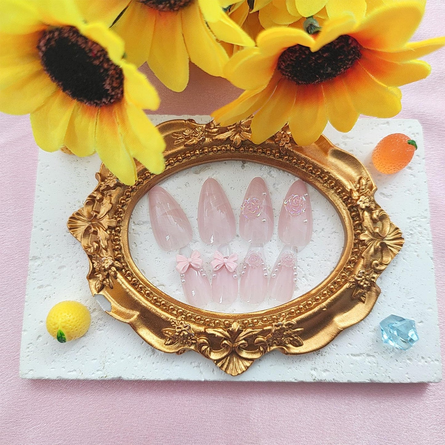 White French Tip Press on Nails Medium Almond Fake Nails with 3D Bow Flower Pearl Charm Designs Spring Nails Press ons Glossy Glue on Nails Butterfly False Nails Pink Stick on Nails for Women 24Pcs