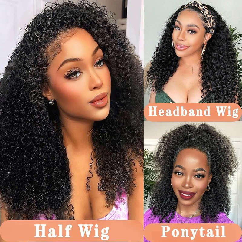 Maytune Deep Wave Half Wig Human Hair 3 In 1 Seamless Flip Over Curly Half Wigs for Black Women Wear and Go Beginner Friendly Human Hair Drawstring Headband Wig for Women 26 Inch