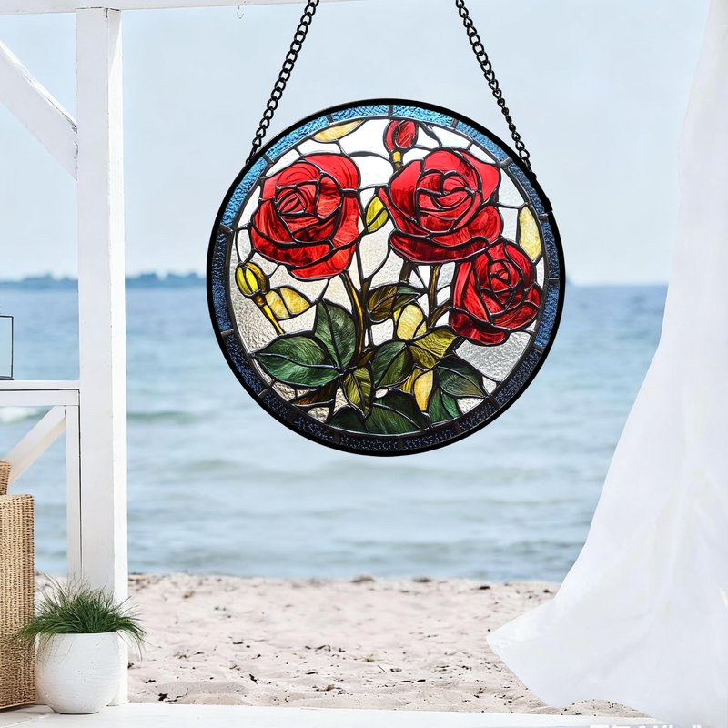 QZQCBLC Stained Glass Window Hanging Red Rose Flower 7.8" - Suncatcher Door Garden Sun Catcher Decor Birthday Anniversary Valentines Day Gifts for Woman Wife Men Her Him Lovers Girlfriend