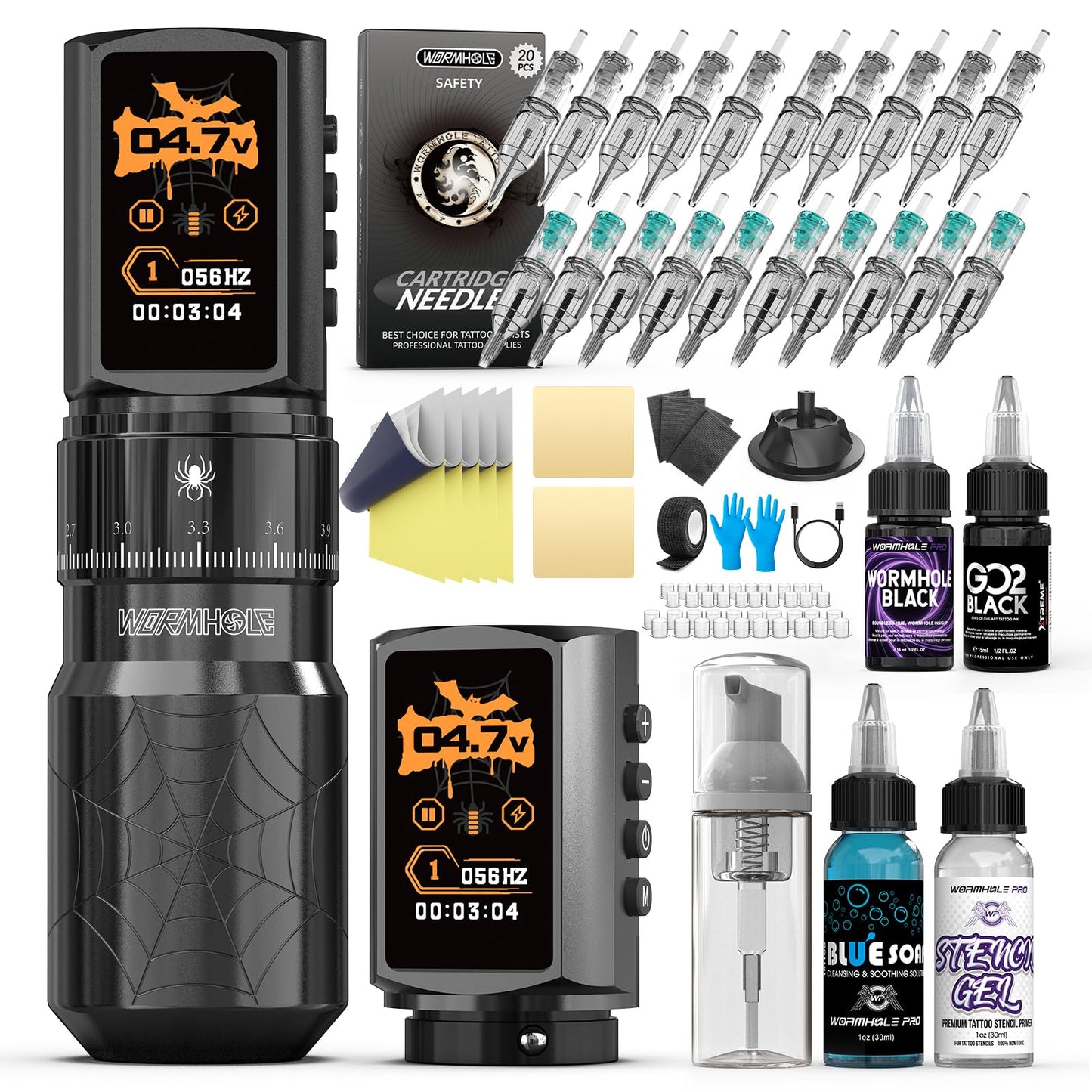 Wormhole 2 PCS 2300mAh Batteries Tattoo Kit Wireless Tattoo Gun Kit with 7 Adjustable Strokes, Smart Display with 3 Memory Slots, 3 Working Modes, 2 Tattoo Inks for Lining & Shading WTK0256
