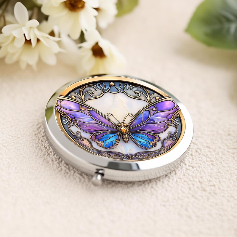 Silver Compact Mirror - Double-Sided Folding Makeup Mirror with Purple Butterfly Design | 2.8x2.8 Inch, Perfect Gift for Women