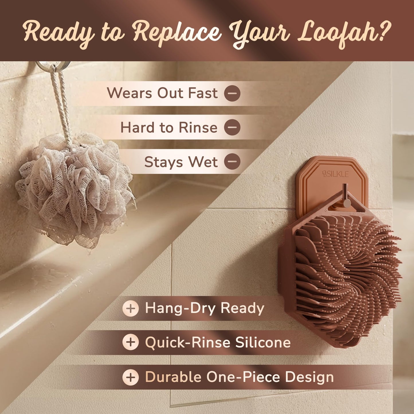 SILKLE Silicone Body Scrubber – Gentle Exfoliating Shower Scrubber for Body & Bath, Silicone Shower Brush & Loofah Alternative – Non-Slip Silicone Body Brush, Quick Dry, Hygienic - Brown