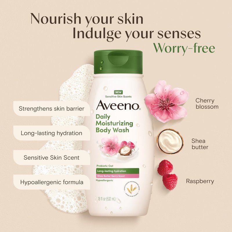 Aveeno Daily Moisturizing Body Wash with A Shea Butter Berry Scent & Soothing Prebiotic Oat, Provides Long-Lasting Hydration for Sensitive Skin, Hypoallergenic, Paraben-Free, 18 fl. oz