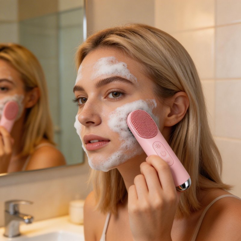 Silicone Facial Cleansing Brush, Portable Electric Face Scrubber with Hot Cold Vibration, 3 Modes, USB‑C Rechargeable, Deep Cleansing, Exfoliating, Pore Minimizing Skin Care Tool for Women Men (Pink)