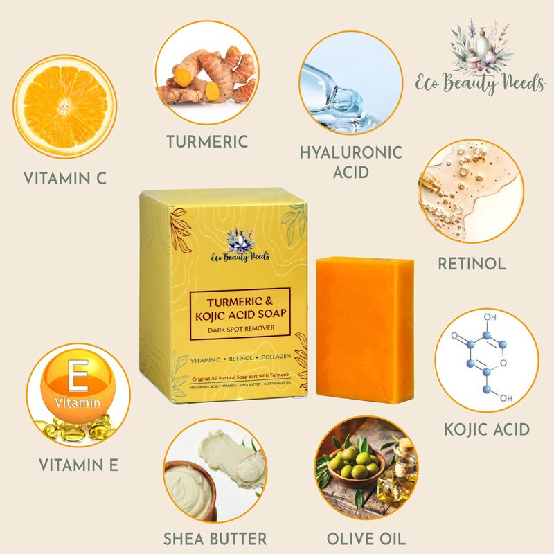 Eco Beauty Needs Original Kojic Acid Dark Spot Remover Soap Bars with Vitamin C, Retinol, Collagen, Turmeric Infused with Hyaluronic Acid, Vitamin E, Shea Butter, Olive Oil- 1 Bar