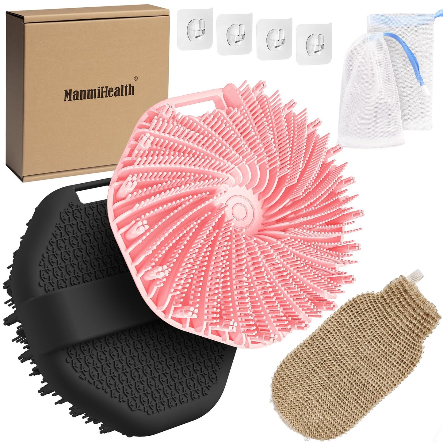 ManmiHealth 5 PCS Silicone Body Scrubber Shower Brush, Upgrade Super-Exfoliating Shower Scrubber with Non-Slip Hand Strap, Silicone Body Buffer Shower Mitt with Soap Bag Set(Black+Pink)