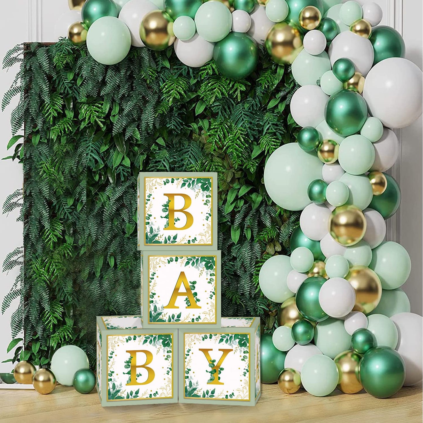 TSVATE Sage Green Baby Shower Boxes, 4PCS Sage Green Gender Reveal Party Supplies Party Centerpiece for Baby Shower First Birthday Decorations (Without Flowers)