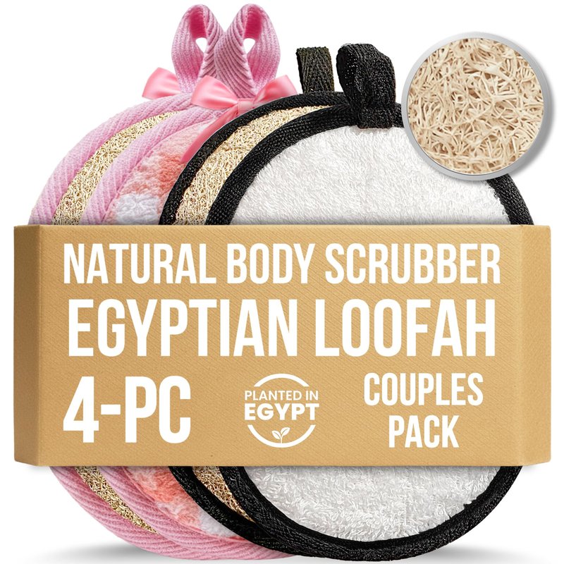 4-Pack Natural Egyptian Loofah Exfoliating Body Scrubber Sponges for Men and Women, Bath Shower Loofahs for Face Back & Body, Individual Loofahs for Couples – 2 for Men, 2 for Women