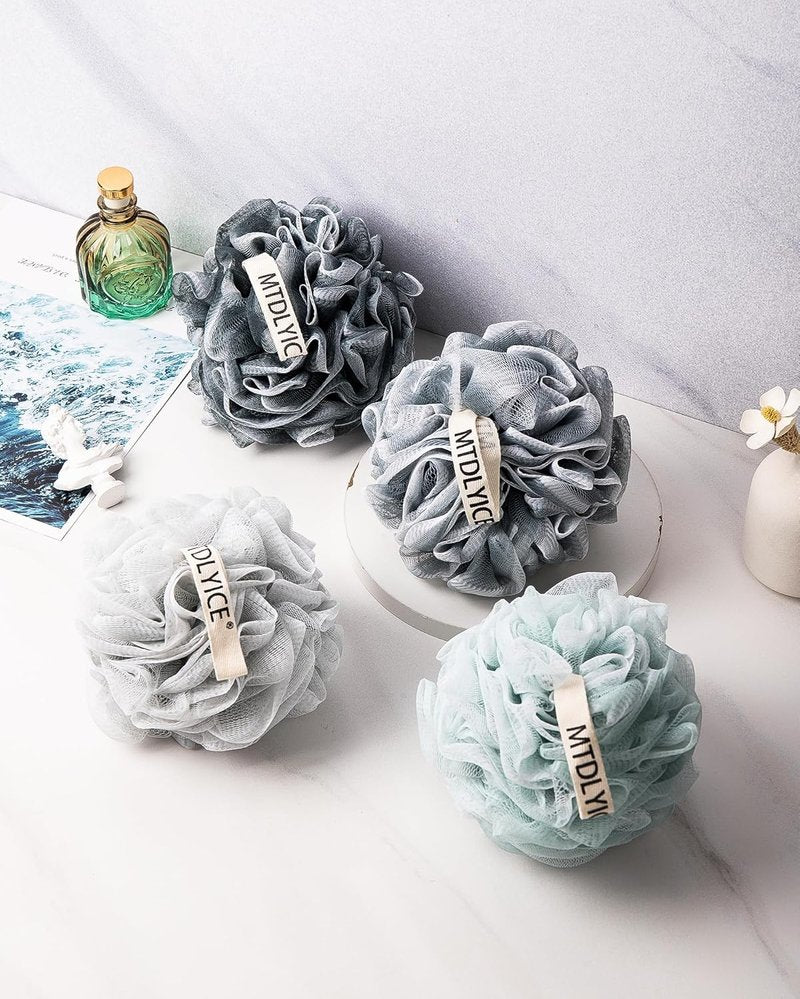 MTDLYICE Loofah Sponge - XXL Large Soft Mesh Bath Pouf | 100g 4 Pack for Men - Blue Gray Body Scrub