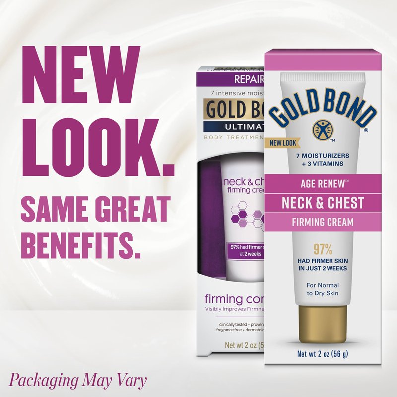 Gold Bond Age Renew Neck & Chest Firming Cream, 2 Oz, Hydrates, Renews, and Visibly Improves Firmness, Texture & Elasticity of Aging Skin, Non-Greasy, Dermatologist-Tested, Hypoallergenic, Unscented
