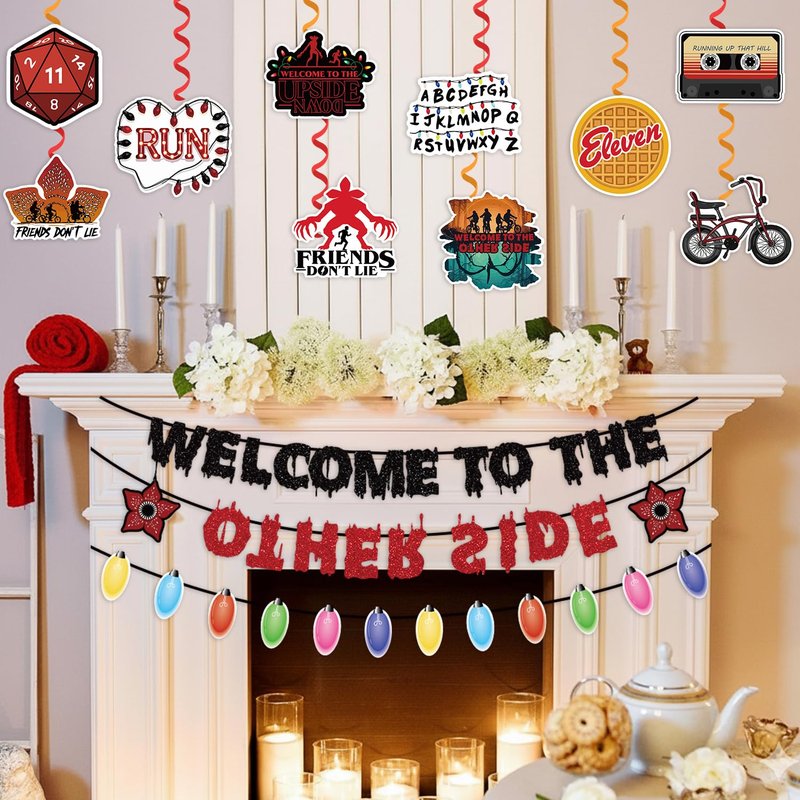 71pcs Birthday Party Decorations Include 3 Pre-Strung Welcome to The Other Side Banner 2 Hanging Banner 12pc Hanging Swirls with 12 Double-Side Cardstock for Party