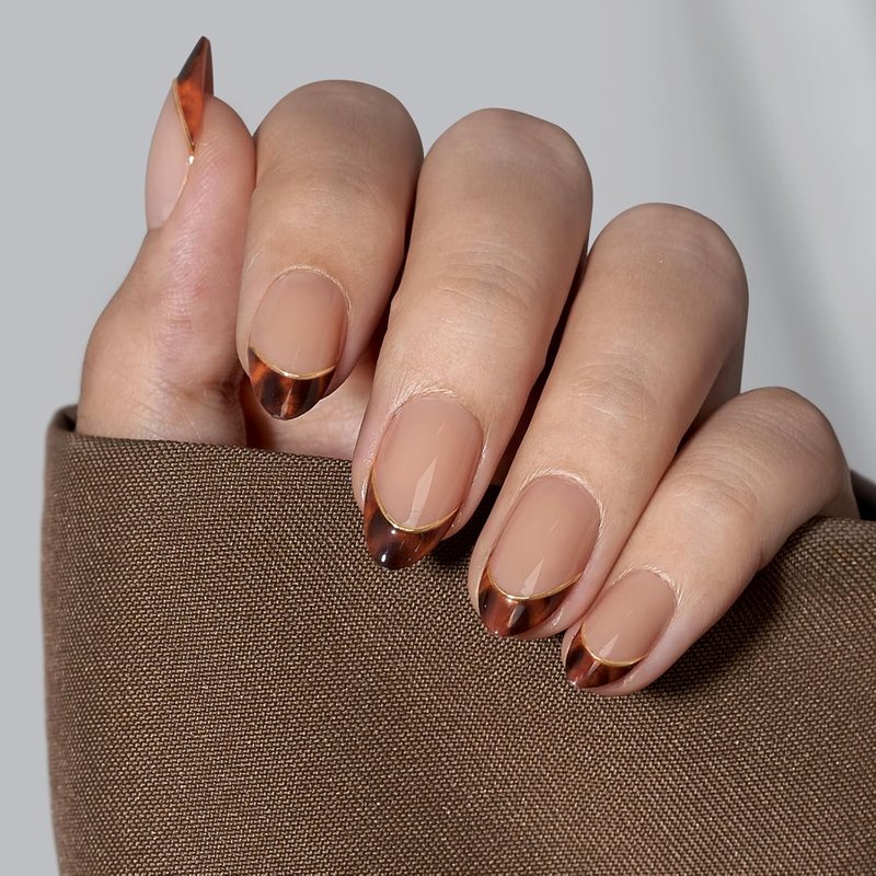 Press On Nails - Short Almond Tortoise Shell | Winter French Tip Soft Gel Fake Nails, 16 Sizes, 32 Stick-On Kit