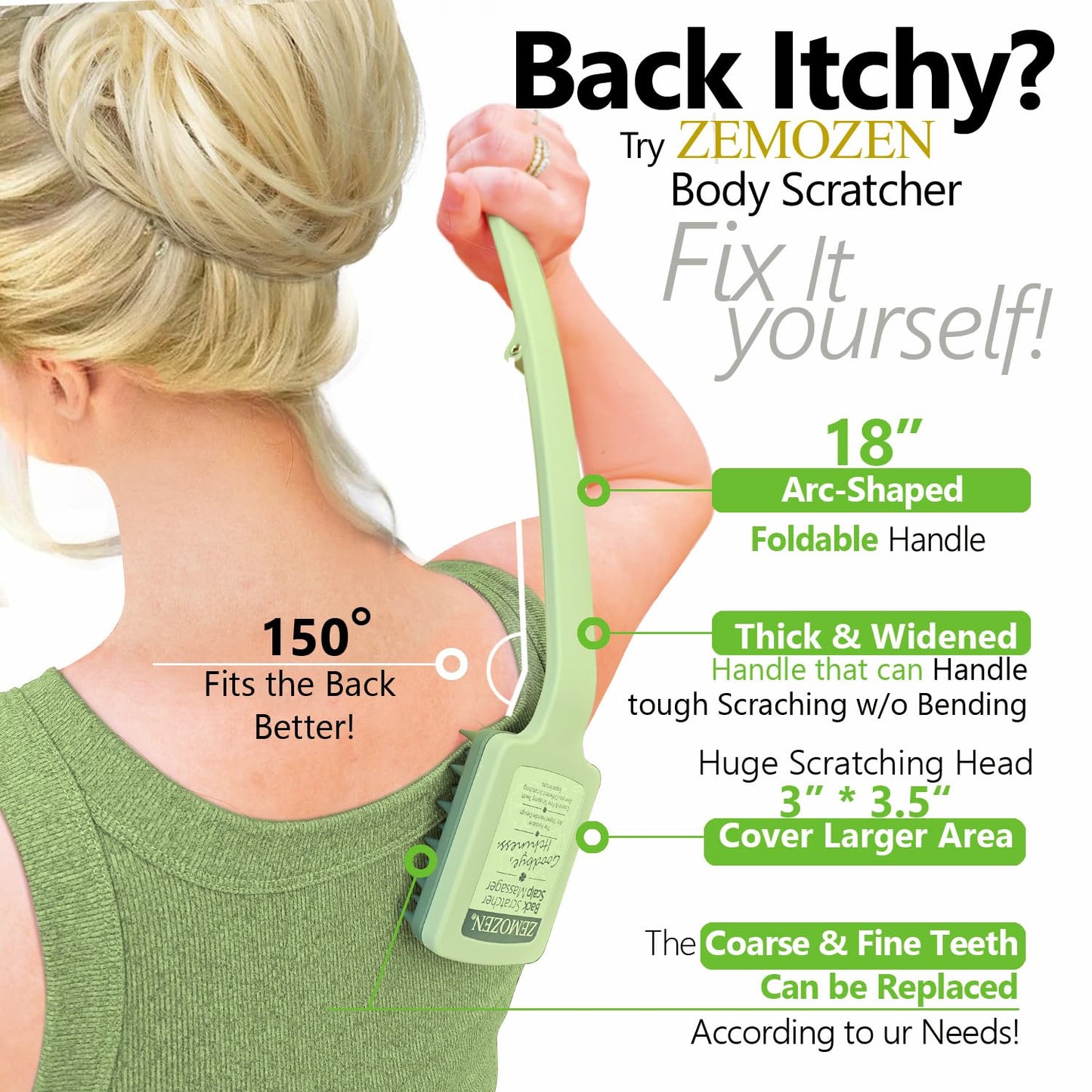 Back Scratcher for Men Women Adults -18" Folding Extendable Backscratchers w/2 Replaceable Coarse/Fine Teeth Heads for Itch Relief, Scalp Massager & Body Scratcher -Perfect Fathers Day Birthday Gifts